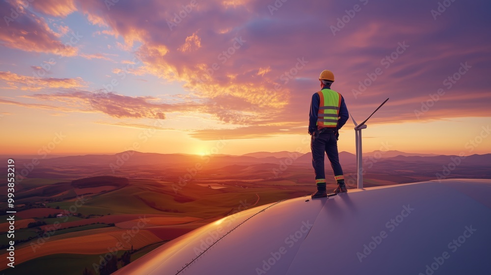 An engineer atop a windmill admires a sunset, embodying success and nature's beauty. An engineer atop a windmill admires a sunset, embodying success and nature's beauty.