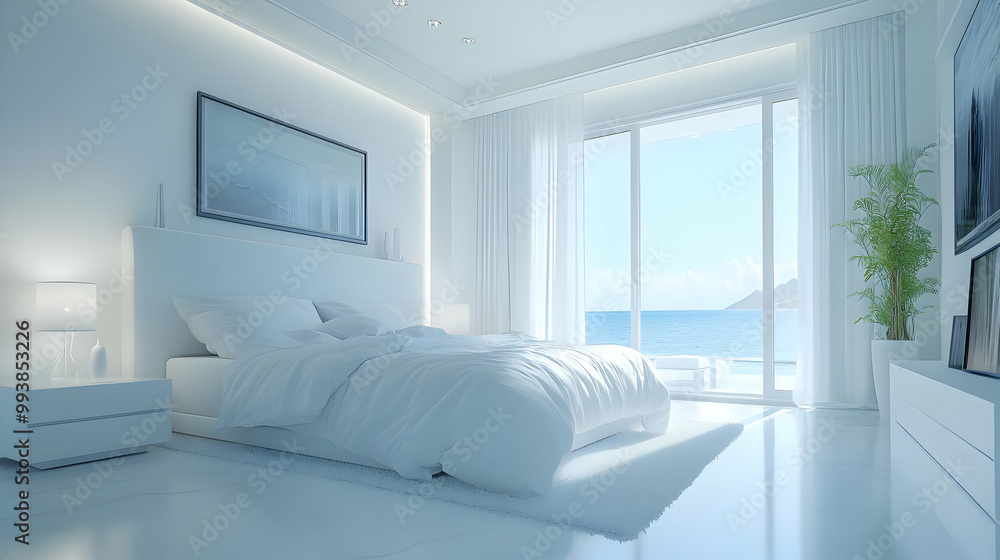 Minimalist White Bedroom Interior Design with Ocean View 3D Illustration Minimalist White Bedroom Interior Design with Ocean View 3D Illustration