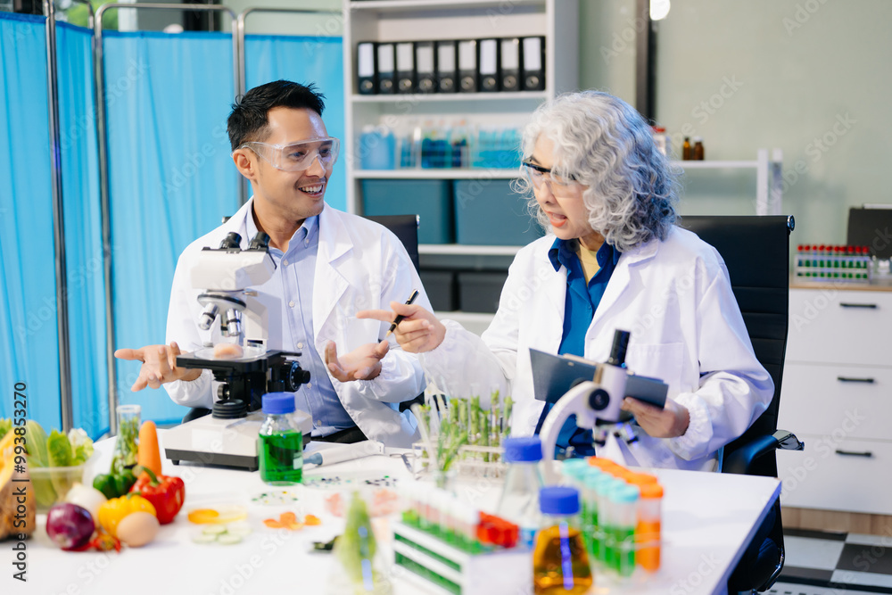 Food scientists in lab coats, testing samples, and analyzing food safety and quality in a modern laboratory Food scientists in lab coats, testing samples, and analyzing food safety and quality in a modern laboratory