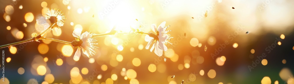 Fototapeta premium A serene composition of glowing light and delicate flowers, evoking warmth and tranquility in nature's beauty.