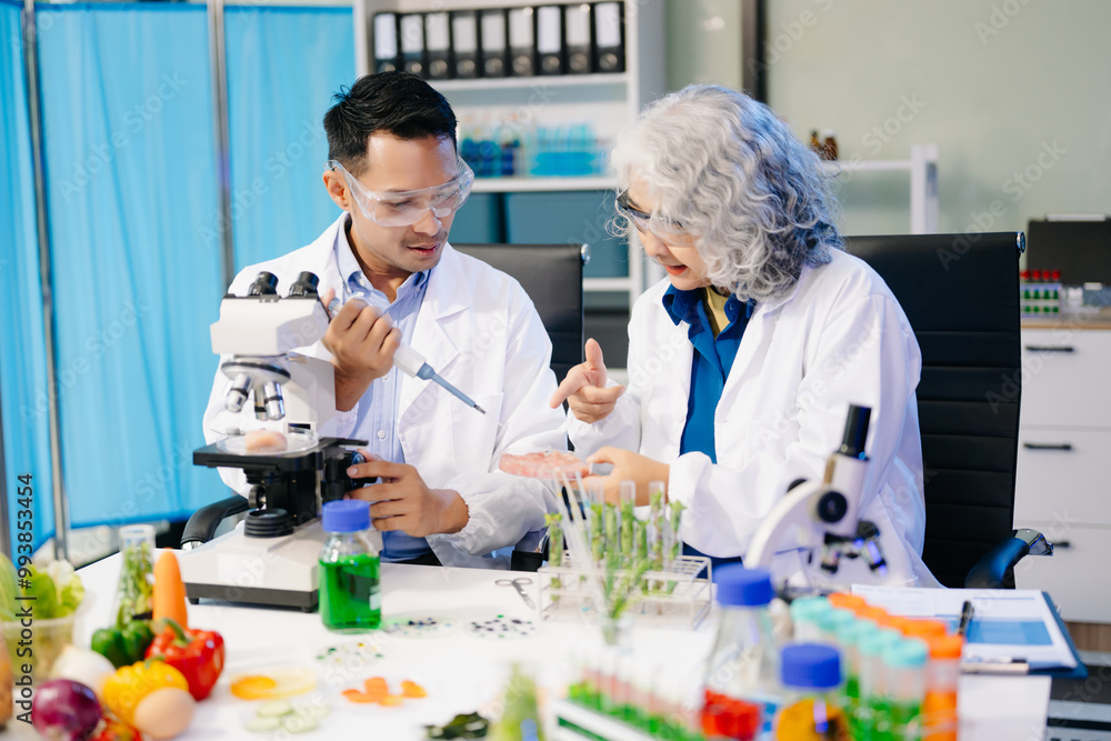 Team Asian scientists in a lab conducting food research using a microscope and lab equipment, showcasing innovation Team Asian scientists in a lab conducting food research using a microscope and lab equipment, showcasing innovation