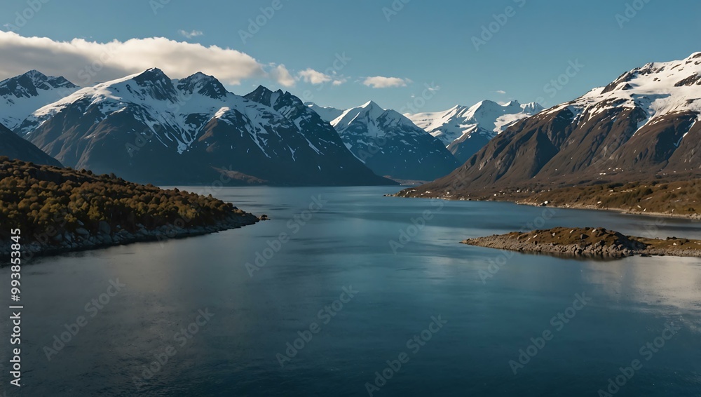Fjord views between mountains with snow-capped peaks. Fjord views between mountains with snow-capped peaks.