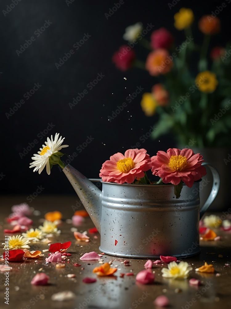 Flower petals floating in a watering can. Flower petals floating in a watering can.