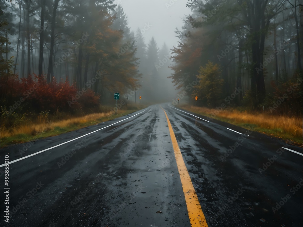 Foggy and rainy autumn road, slippery highway scene. Foggy and rainy autumn road, slippery highway scene.