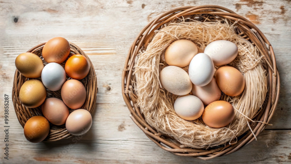 A collection of eggs in various shades is displayed in two wicker baskets against a rustic wooden background. The baskets contain a bed of straw on which the eggs rest peacefully. AI generated. A collection of eggs in various shades is displayed in two wicker baskets against a rustic wooden background. The baskets contain a bed of straw on which the eggs rest peacefully. AI generated.