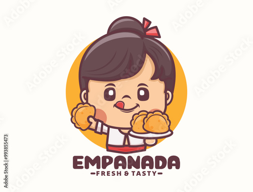 female cartoon mascot design with empanada. food logo template