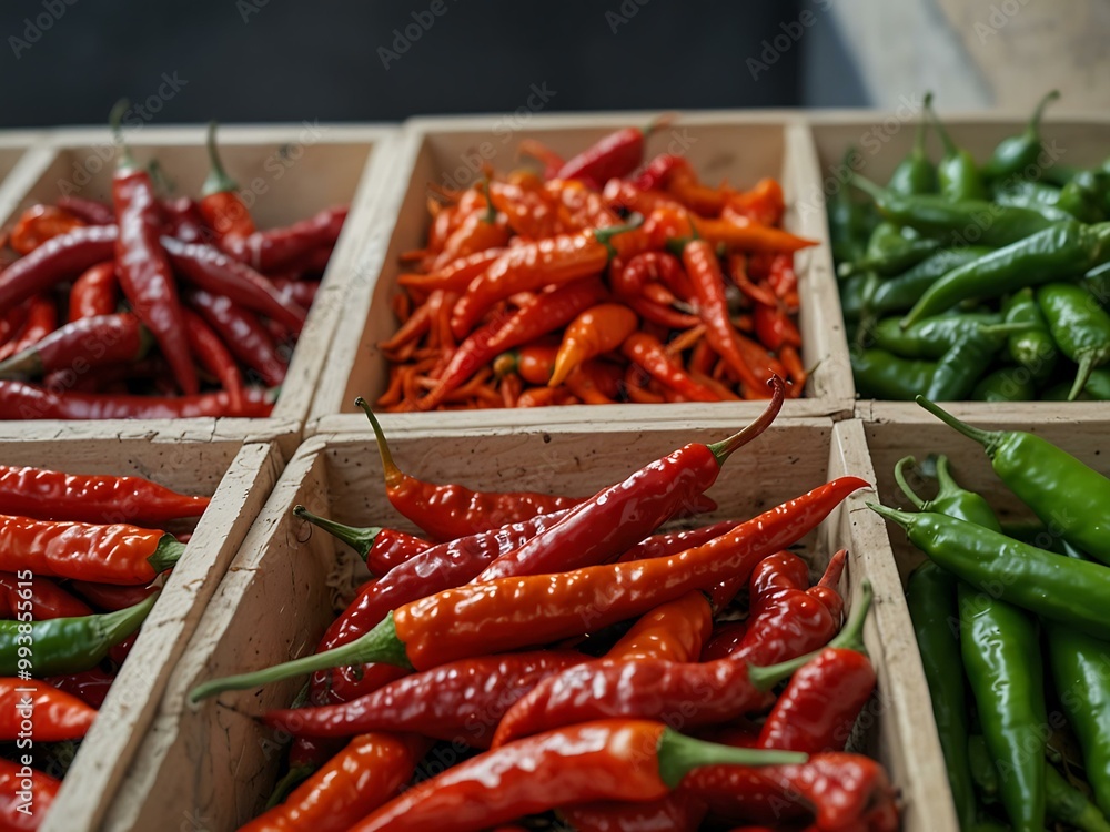 Fresh and dried chilies on display. Fresh and dried chilies on display.