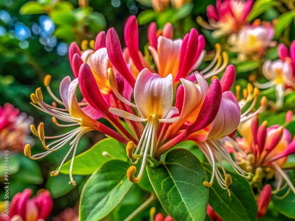 Beautiful close-up images of blooming honeysuckle flowers in vibrant colors against a natural backdrop Beautiful close-up images of blooming honeysuckle flowers in vibrant colors against a natural backdrop