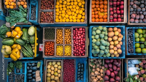 Colorful Fruit and Vegetable Stands from Above in the City. AI generated illustration