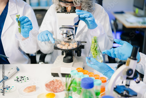 Food scientists in lab coats, testing samples, and analyzing food safety and quality in a modern laboratory