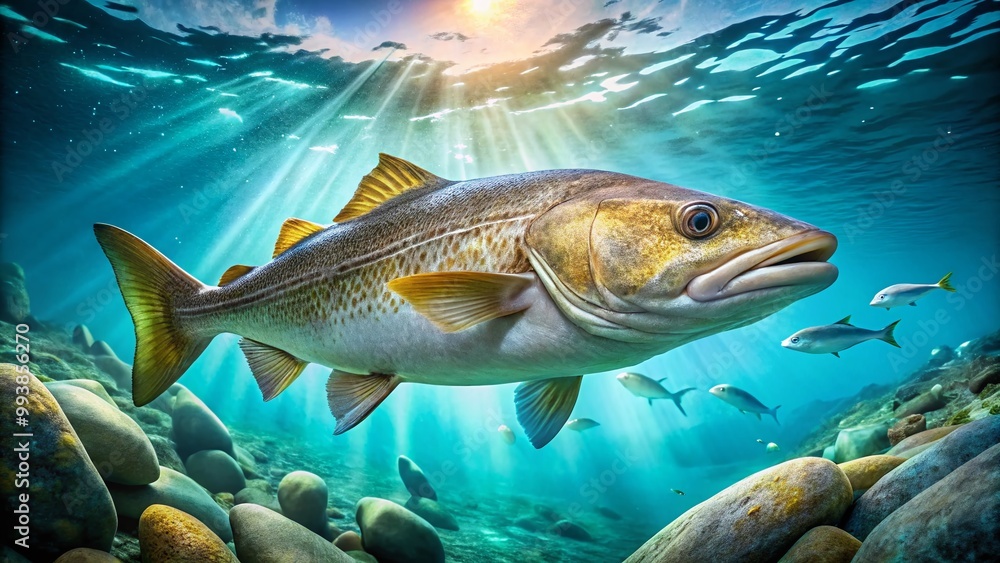 Naklejka premium Beautiful Cod Fish Swimming in Clear Blue Ocean Water Creating a Stunning Underwater Background