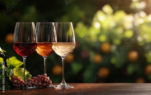 A tranquil scene featuring three elegantly arranged wine glasses filled with different wines, surrounded by lush greenery.