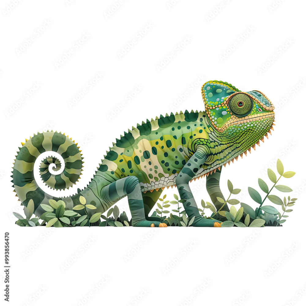 Obraz premium Minimal flat vector illustration of a chameleon, side view, white background.