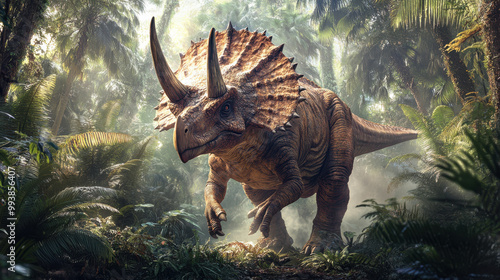 A majestic Triceratops standing in a lush prehistoric jungle, surrounded by tall ferns and towering palm trees. The dinosaur's skin shows intricate scale patterns photo