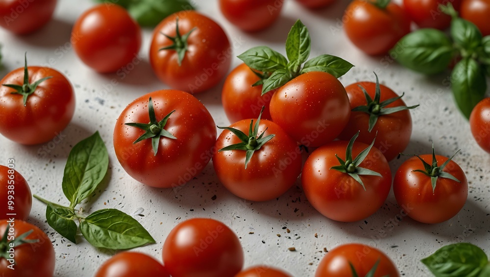 Fresh tomatoes with basil and rosemary on a white background. Fresh tomatoes with basil and rosemary on a white background.