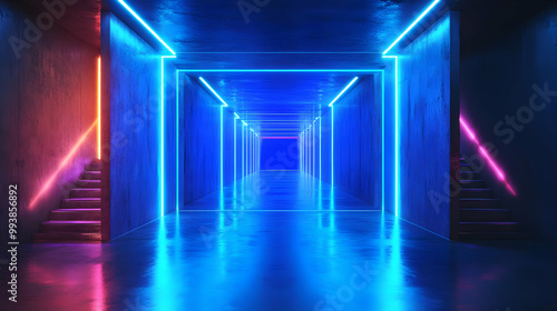 Neon Lights in a Dark Corridor 3D Illustration