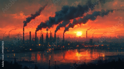 Industrial Sunset: A City Bathed in Smog and Fire