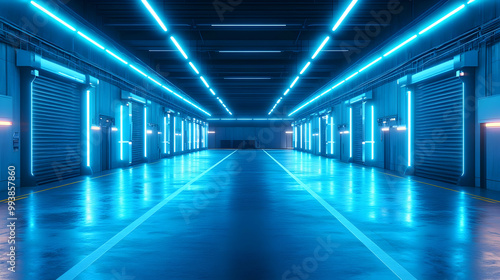 Neon Blue 3D Illustration of a Futuristic Hallway