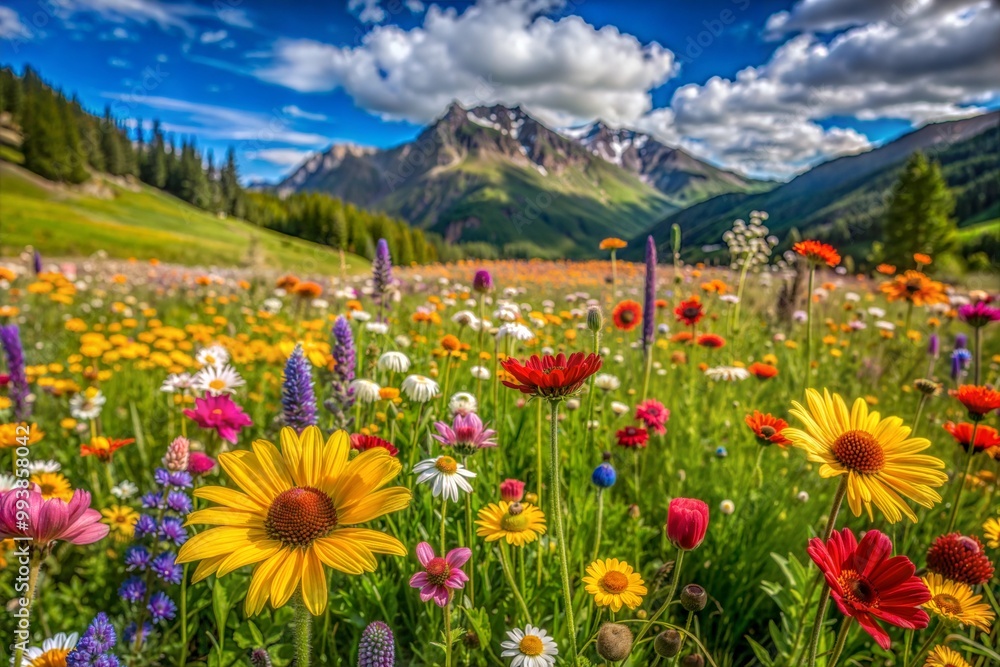 Fototapeta premium Wildflowers in bloom with majestic mountain range