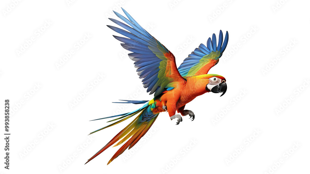 Fototapeta premium Colorful macaws are flying. isolated on transparent background PNG.
