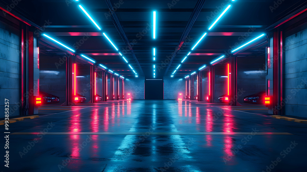 Neon Lights Reflecting in Wet Parking Garage Floor 3D Illustration Neon Lights Reflecting in Wet Parking Garage Floor 3D Illustration