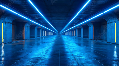 Fototapeta Naklejka Na Ścianę i Meble -  3D Illustration: Futuristic Neon Tunnel with Blue Lights