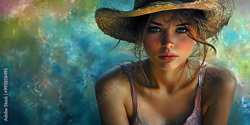 portrait of a woman in a straw hat, ai generated.