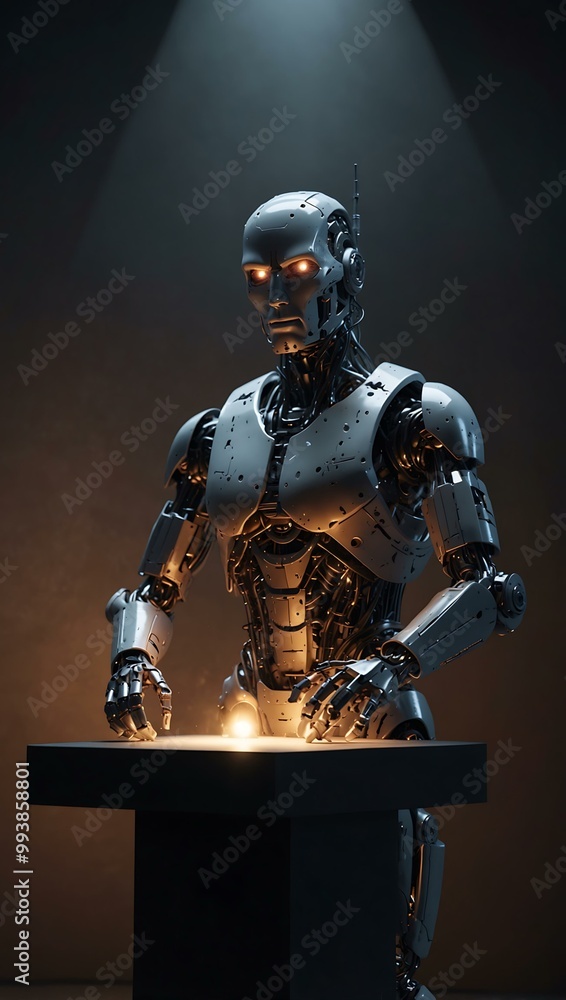 Futuristic robot sculptor creating a statue in a spotlight. Futuristic robot sculptor creating a statue in a spotlight.