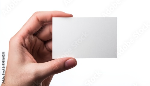 Hand holding a blank business card on white background