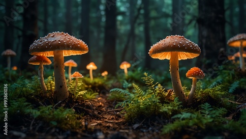 Glowing mushrooms in a mystical forest, creating an enchanting atmosphere.