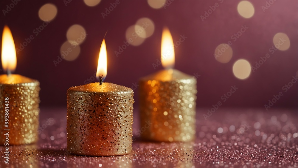 Golden candles on pink glitter with hazy light for festive celebrations. Golden candles on pink glitter with hazy light for festive celebrations.