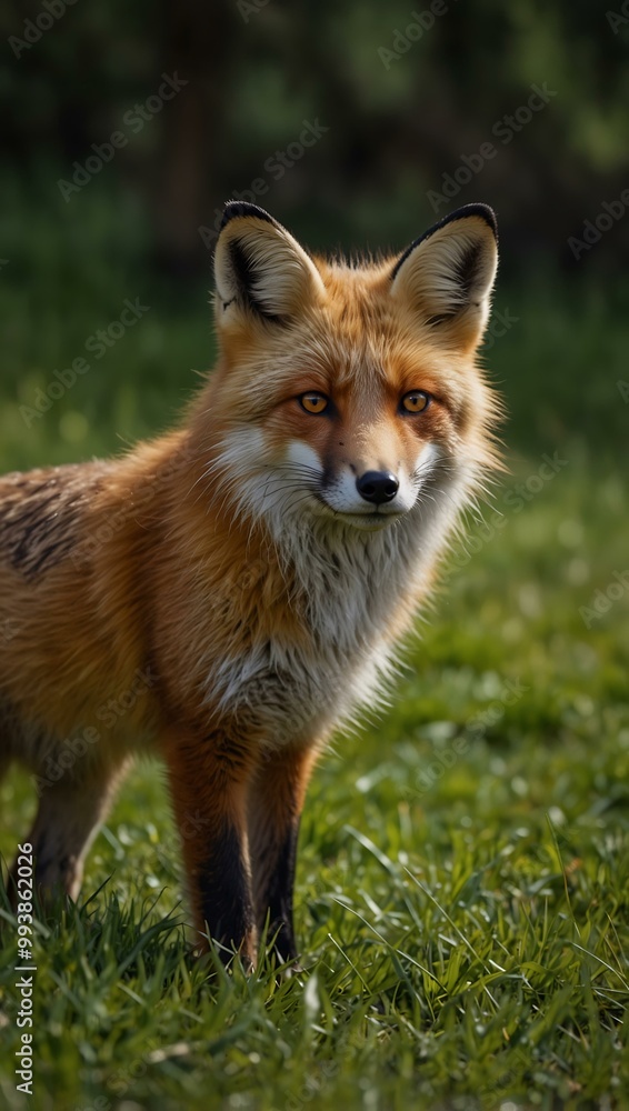 Graceful red fox in vibrant green grass. Graceful red fox in vibrant green grass.