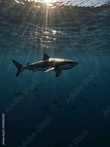 Great white shark silhouette circling beneath the ocean surface.