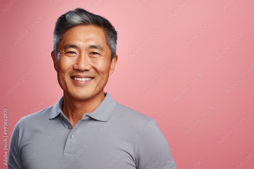 Portrait of a smiling asian man in his 50s sporting a breathable mesh jersey in front of pastel or soft colors background Portrait of a smiling asian man in his 50s sporting a breathable mesh jersey in front of pastel or soft colors background
