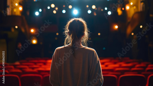 Rearview of a woman standing on an empty theater stage under a spotlight, preparing for a dramatic performance, passion and art talent as she rehearses for a classical theatrical spectacle or audition