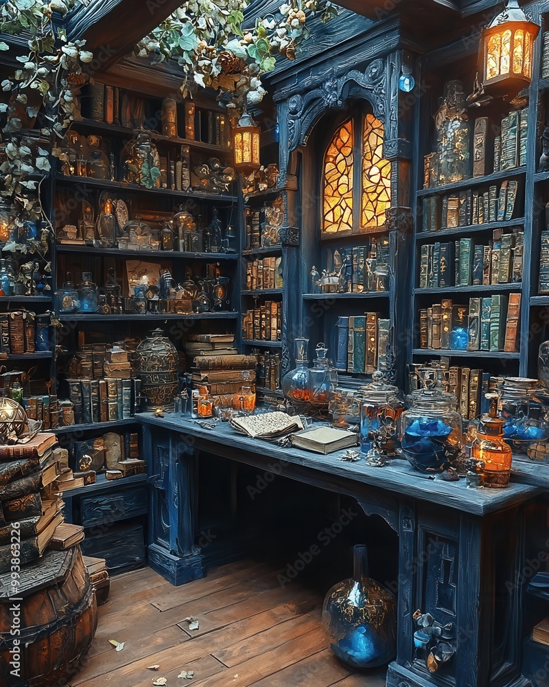 Enchanted Library with Books and Glass Vessels Enchanted Library with Books and Glass Vessels