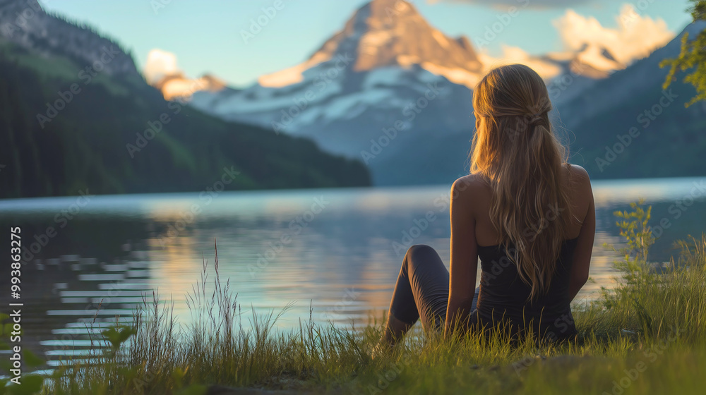 Fototapeta premium Young woman sitting by a tranquil lake surrounded by mountains and lush green nature, watching the peaceful outdoor landscape, enjoying on a relaxing vacation, reflecting calm sunlight, travel