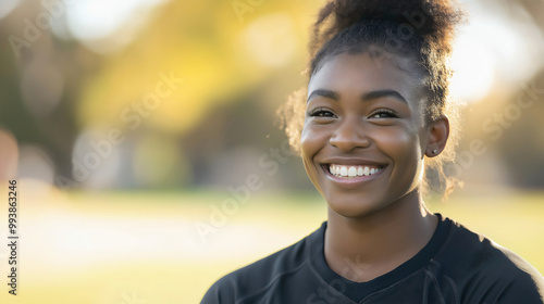 Portrait of beautiful confident happy young African American female athlete standing outdoors in sunny nature cheerfully smiling in sportswear healthy active lifestyle fitness and exercise positivity