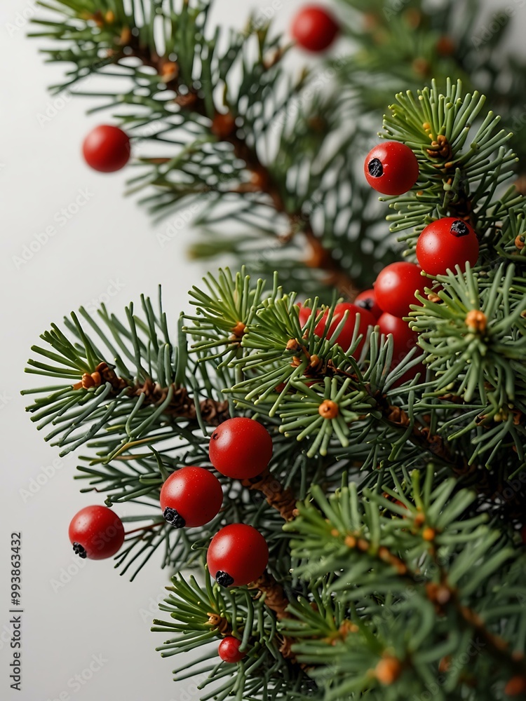 Green pine branches and red berries on a white backdrop. Green pine branches and red berries on a white backdrop.