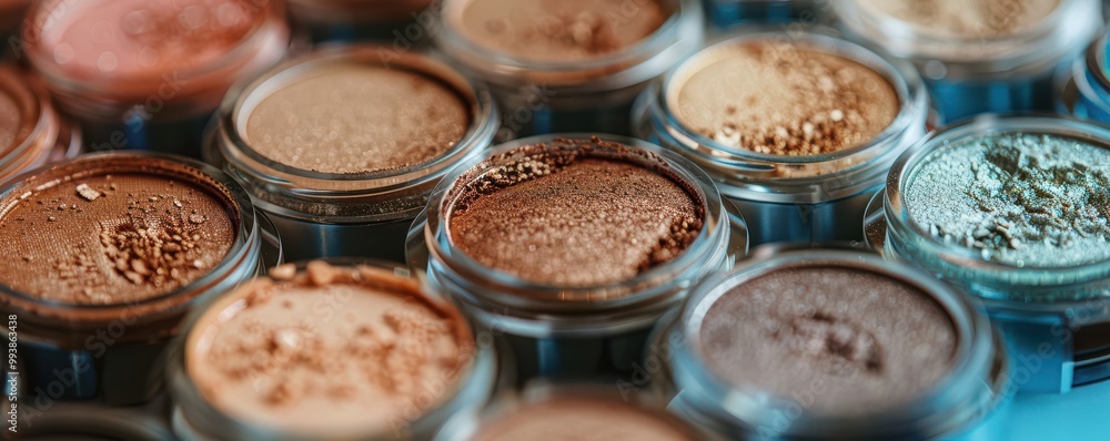 Close-up of luxurious makeup beauty compacts, showcasing shimmering shades and sleek packaging. Free copy space for text. Close-up of luxurious makeup beauty compacts, showcasing shimmering shades and sleek packaging. Free copy space for text.