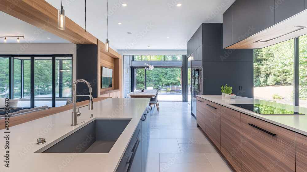 Contemporary minimalist kitchen with a large island featuring a sink, modern fixtures, and natural wood accents Contemporary minimalist kitchen with a large island featuring a sink, modern fixtures, and natural wood accents