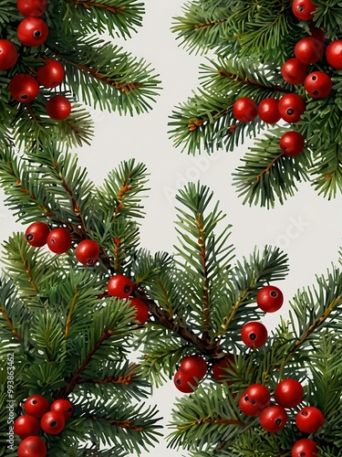 Green pine branches and red berries on a white backdrop.