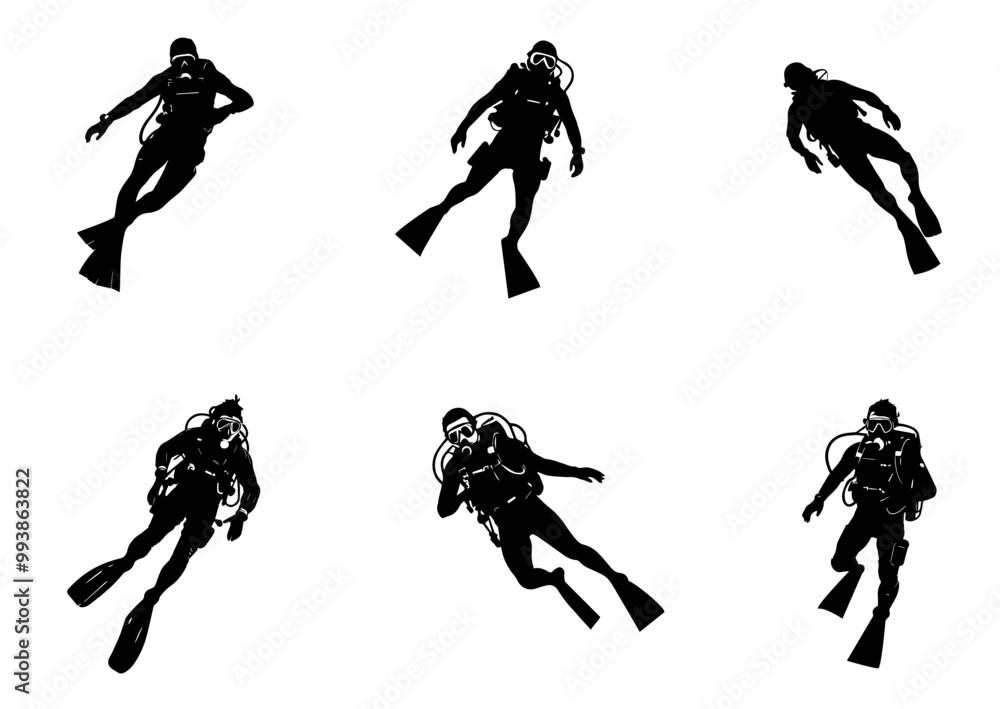 Set of diver posing and under water Set of diver posing and under water