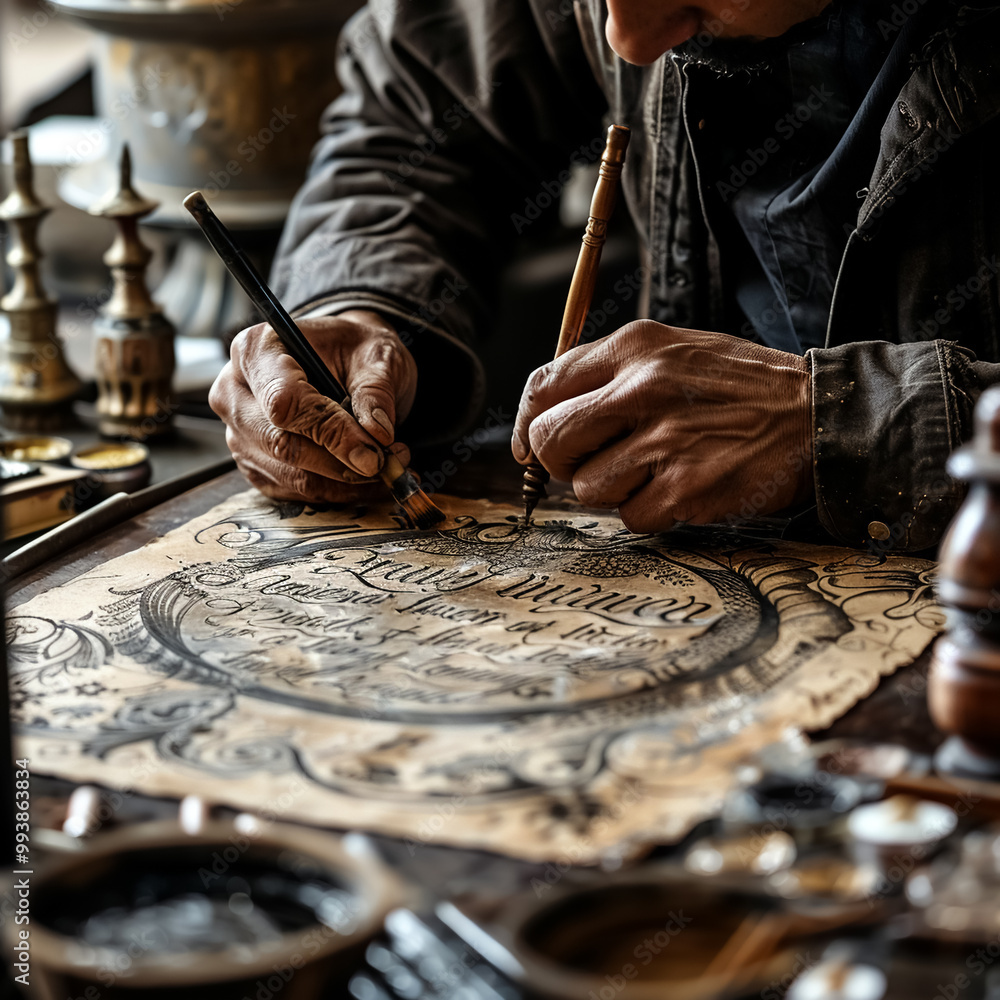 Artisan creating custom calligraphy on parchment, showcasing intricate designs and skilled craftsmanship. focus on detail reflects dedication and artistry Artisan creating custom calligraphy on parchment, showcasing intricate designs and skilled craftsmanship. focus on detail reflects dedication and artistry