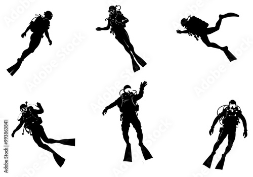 Set of diver posing and under water