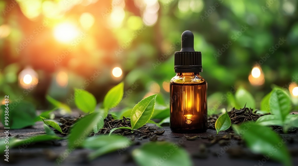 Natural Tea Oil Dropper Bottle in a Sunlit Forest Setting - Organic Skincare and Wellness Essence for Healing and Aromatherapy Natural Tea Oil Dropper Bottle in a Sunlit Forest Setting - Organic Skincare and Wellness Essence for Healing and Aromatherapy