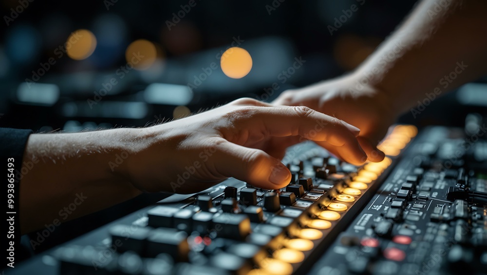 Hands adjusting a sound and light board at a concert. Hands adjusting a sound and light board at a concert.