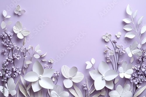 White Paper Flowers and Butterflies on a Lavender Background