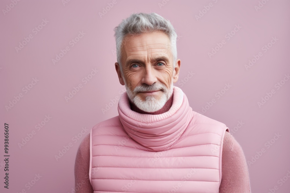 Portrait of a satisfied man in his 50s dressed in a thermal insulation vest isolated on pastel or soft colors background Portrait of a satisfied man in his 50s dressed in a thermal insulation vest isolated on pastel or soft colors background