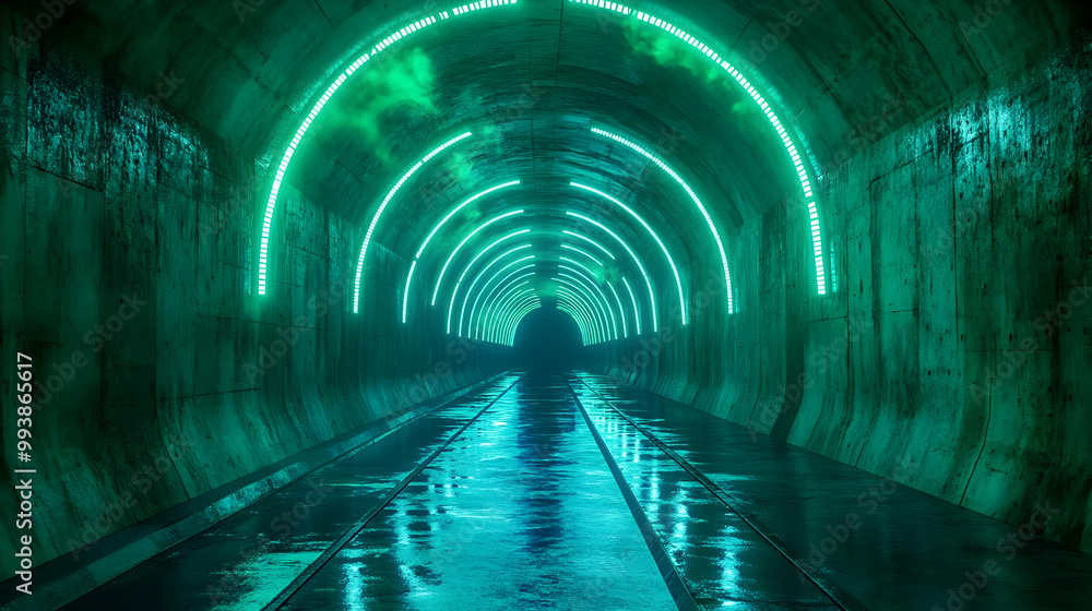 Abstract Tunnel with Green Neon Lights and Wet Floor 3D Illustration Abstract Tunnel with Green Neon Lights and Wet Floor 3D Illustration